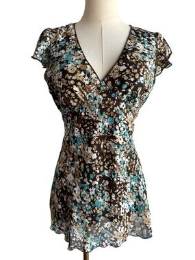 Vintage Sheer Floral Babydoll Top M Brown Teal Boho Y2K Flutter Sleeve Tie Back
